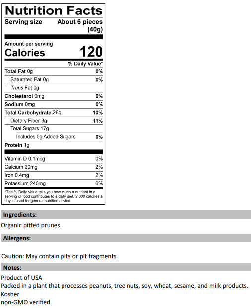Nutrition Facts for Organic Pitted Prunes