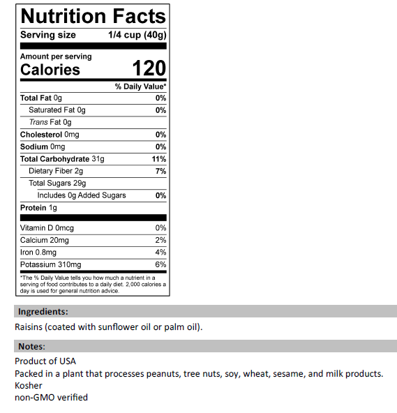 Nutrition Facts for Jumbo Flame Raisins