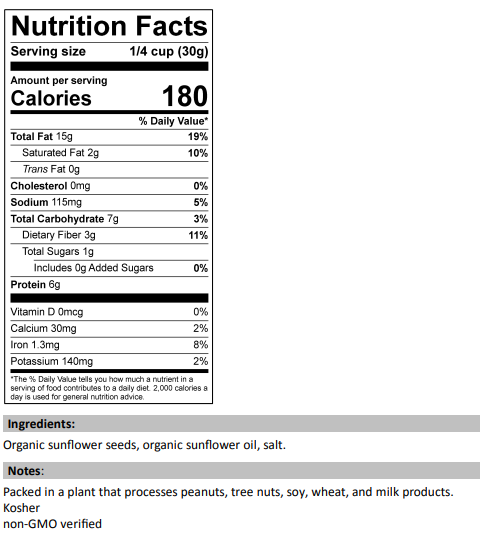 Nutrition Facts for Organic, Roasted & Salted Sunflower Seeds