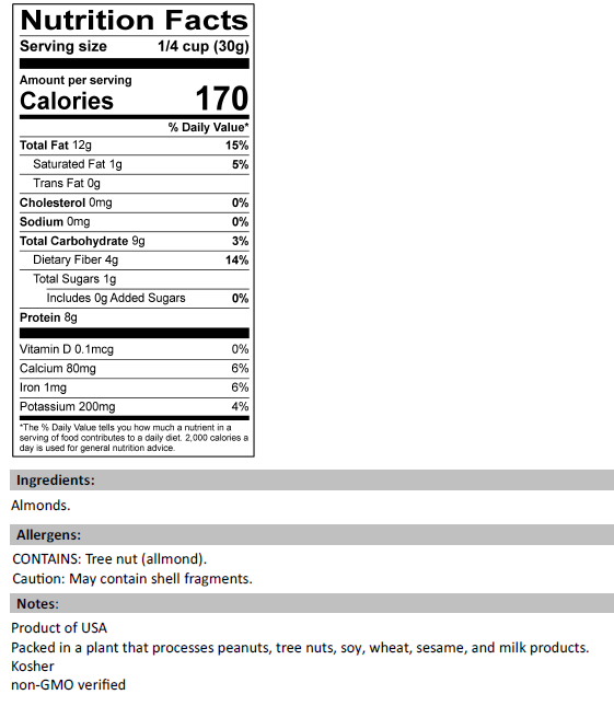 Nutrition Facts for Dry Roasted Almonds, Unsalted