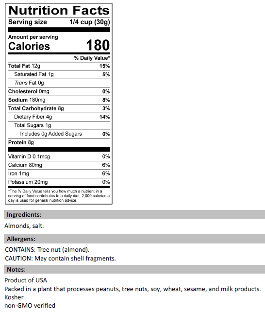 Nutrition Facts for Dry Roasted Almonds, Salted