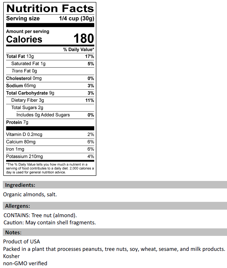 Nutrition Facts for Organic Dry Roasted Almonds (Salted)