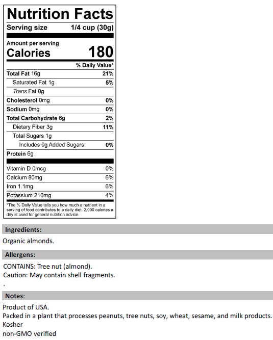 Nutrition Facts for Organic Almonds - Diced Butterstock