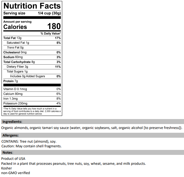 Nutrition Facts for Dry Roasted Organic Tamari Almonds 