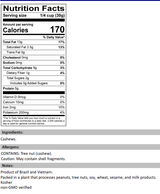 Raw cashews nutrition facts