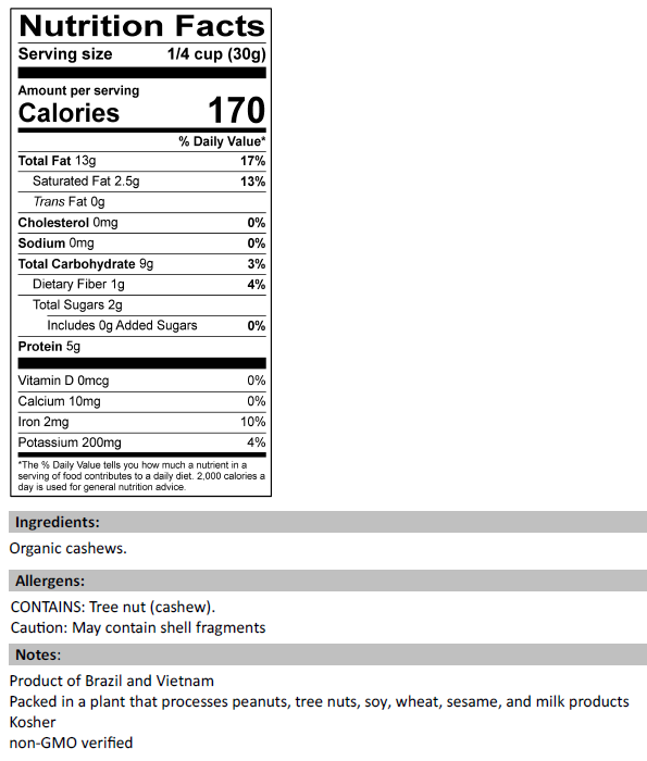 Nutrition Facts for Raw Organic Cashews