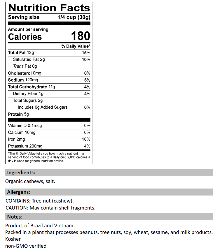 Nutrition Facts for Organic Dry Roasted Cashews (Salted)