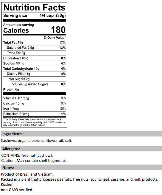 Roasted & Salted Cashews Nutrition Facts