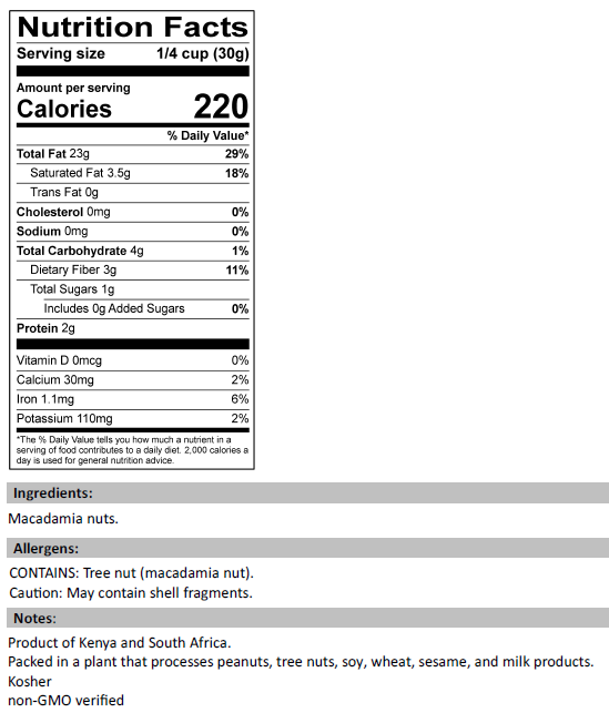 Nutrition Facts for Macadamia Nuts