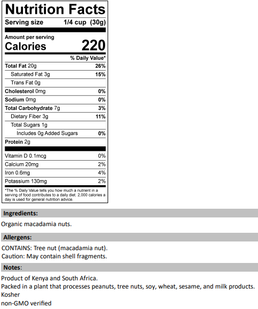 Nutrition Facts for Organic Macadamia Nuts
