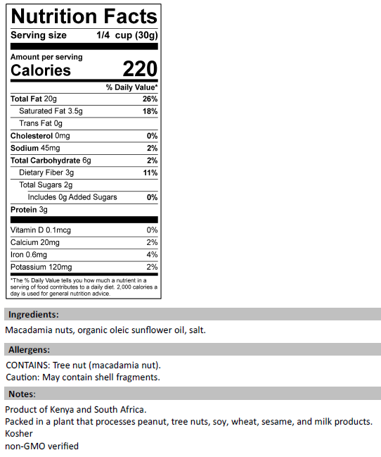 Nutrition Facts for Macadamia Nuts Roasted & Salted
