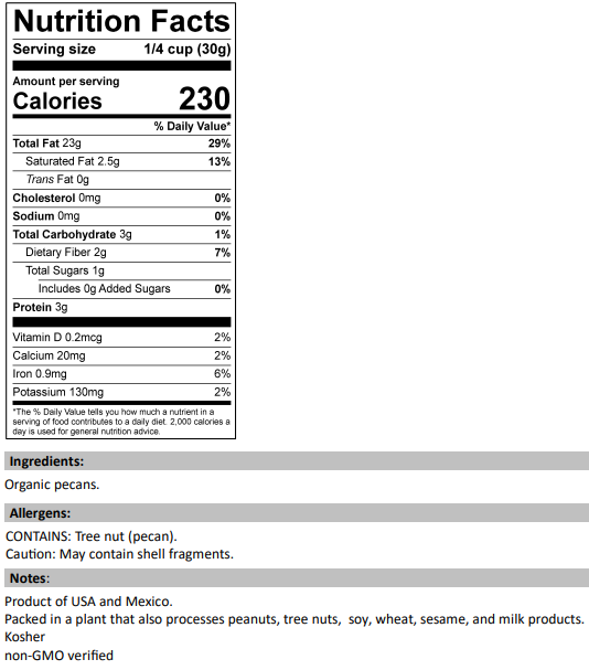 Nutrition facts for Organic Pecan Pieces