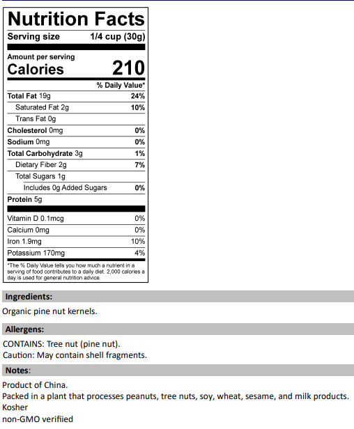 Nutrition Facts for Organic Pine Nuts