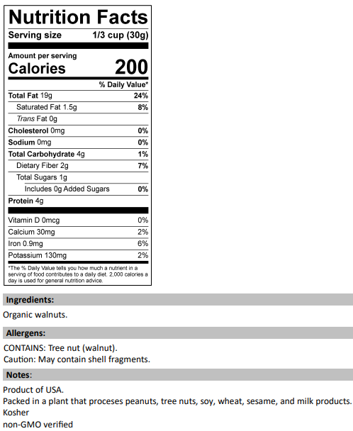 Nutrition Facts for Organic Walnuts Halves & Pieces