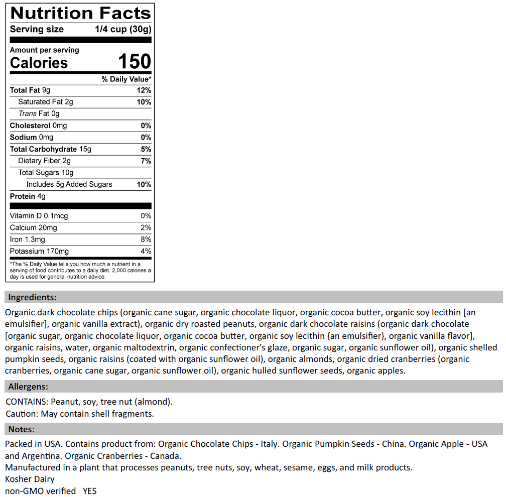 Nutrition Facts for Organic Chocolate, Fruit, & Nut Trail Mix
