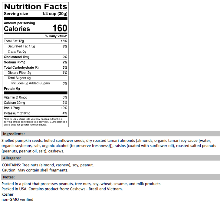 Nutrition Facts for On the Trail Mix