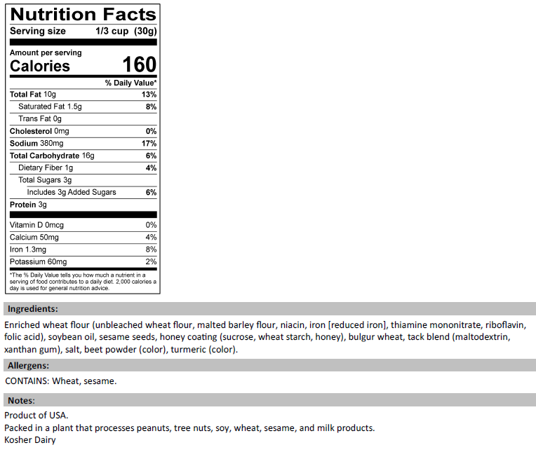 Nutrition Facts for Honey Roasted Sesame Sticks