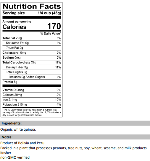 Nutrition Facts for Organic White Quinoa