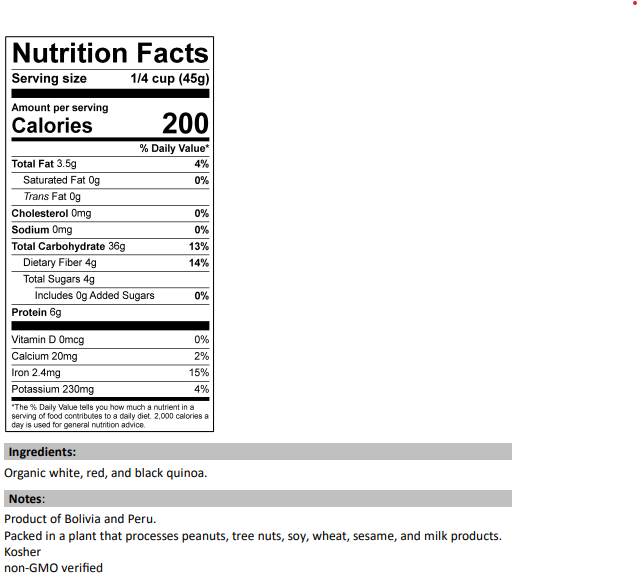 Nutrition Facts for Organic Tri-Color Quinoa