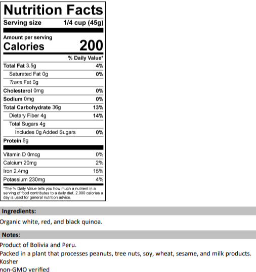 Nutrition Facts for Organic Tri-Color Quinoa