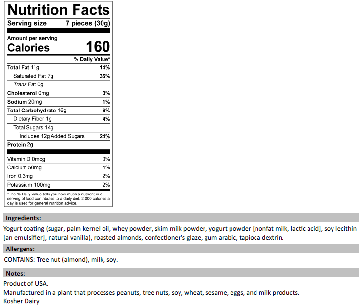 Nutrition Facts for Natural Yogurt Covered Almonds
