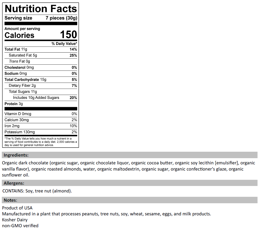 Nutrition Facts for Organic Dark Chocolate Covered Almonds