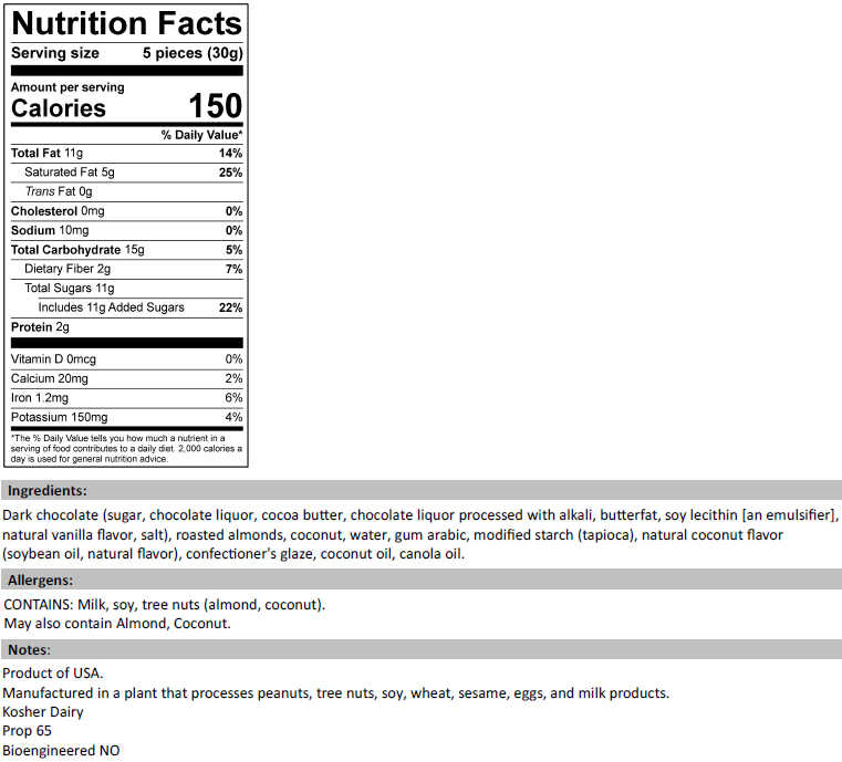 Dark Chocolate Coconut Almonds Nutrition Facts