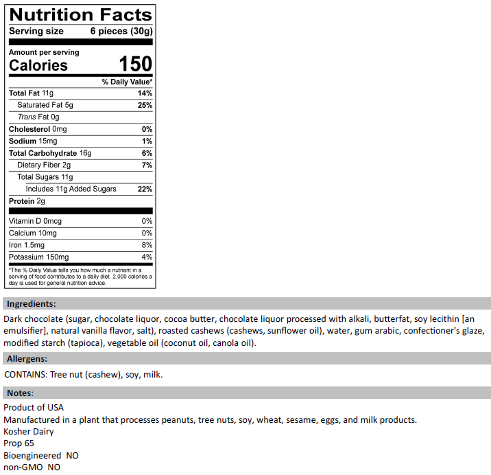 Dark Chocolate Covered Cashews Nutrition Facts