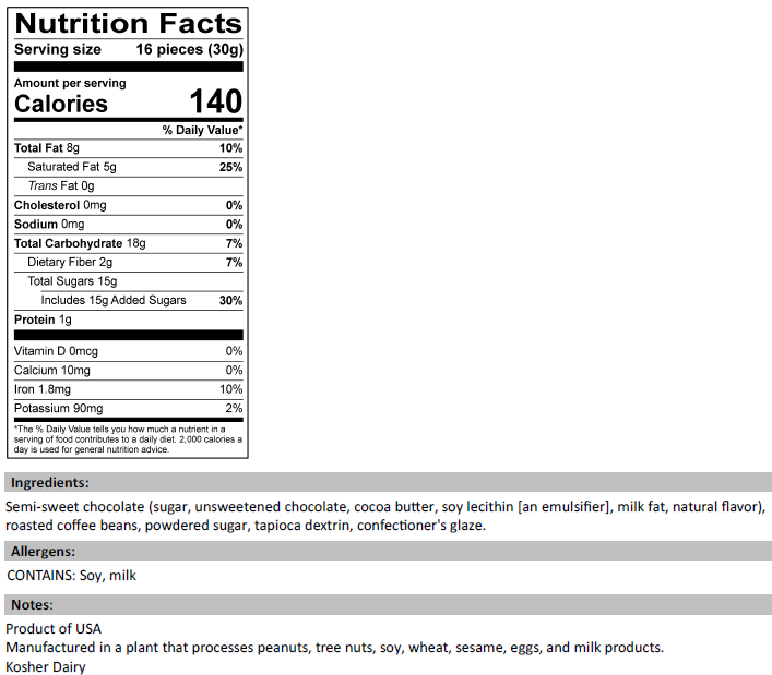 Nutrition Facts for Natural Dark Chocolate Covered Coffee Beans