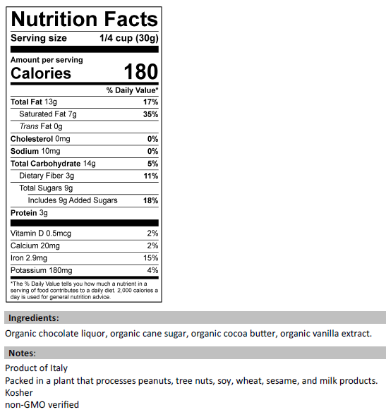 Nutrition Facts for Organic 70% Dark Chocolate Chunks