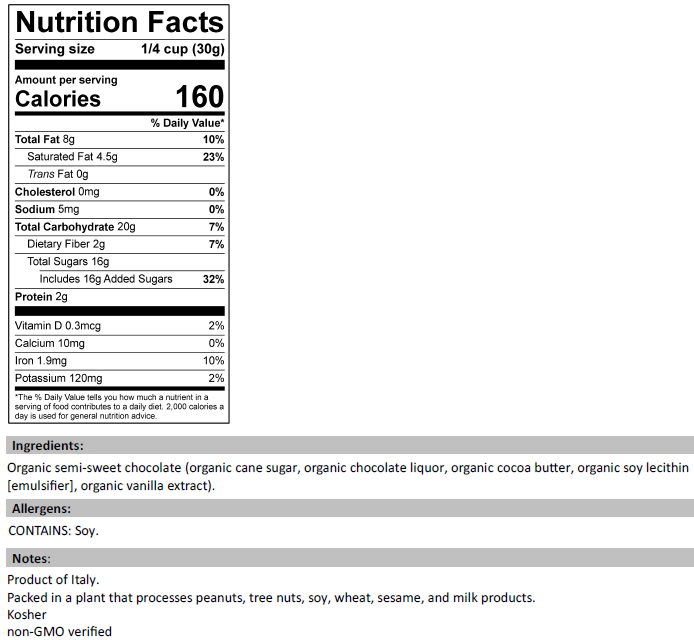 Nutrition Facts for Organic 45% Dark Chocolate Chunks