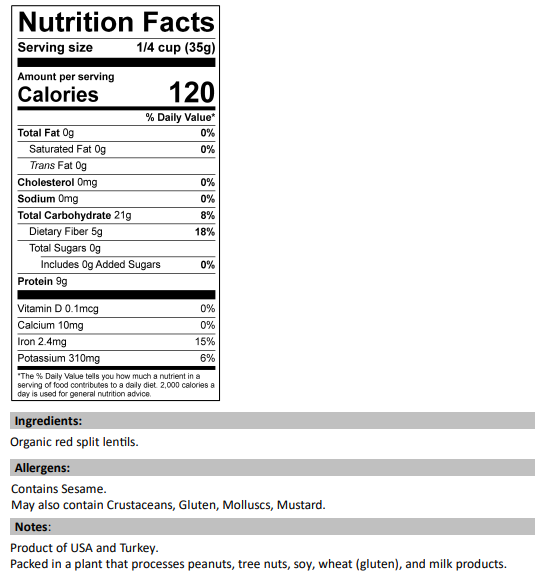 Nutrition Facts for Organic Red Lentils