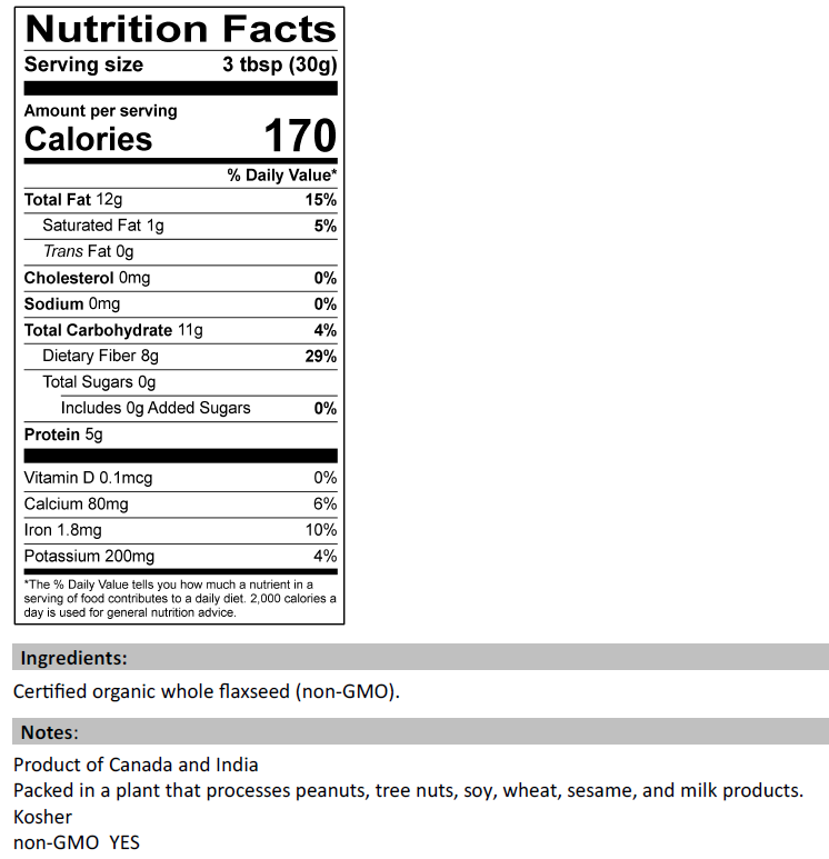 Nutrition Facts for Organic Flax Seed