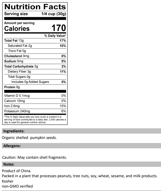 Nutrition Facts for Raw Organic Pumpkin Seeds