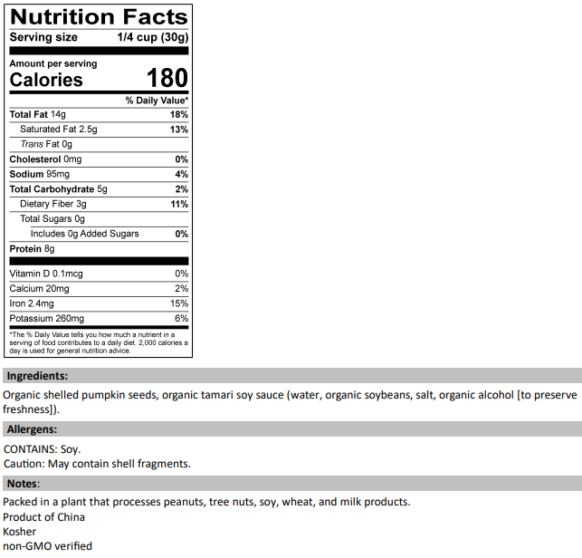 Nutrition Facts for Organic Tamari Pumpkin Seeds