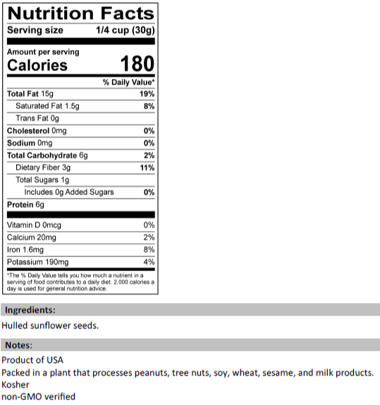 Nutrition Facts for Hulled Sunflower Seeds - USA Grown