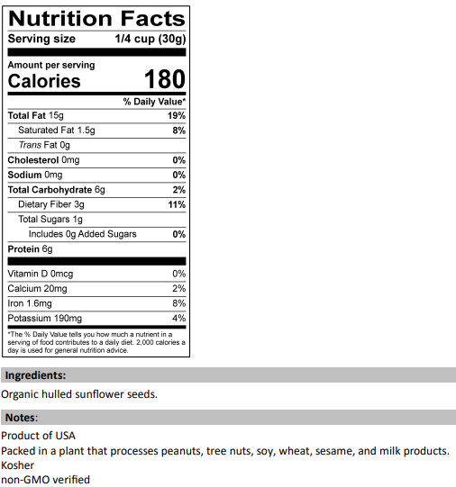 Nutrition Facts for Organic Sunflower Seeds Raw (no shell)