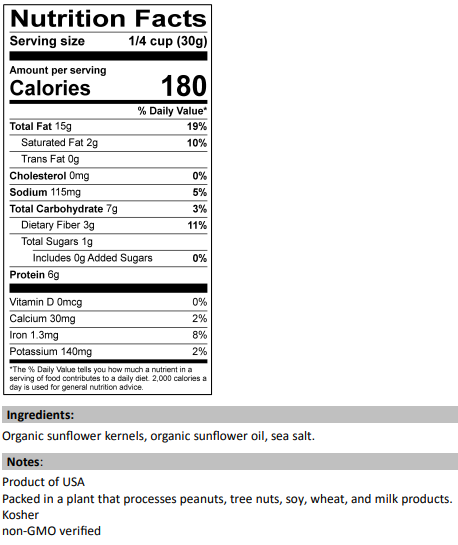 Nutrition Facts for Organic Roasted Sunflower Seeds with Sea Salt | No Shell