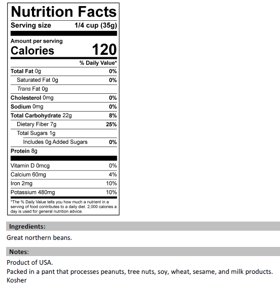 Nutrition Facts for Dried Great Northern Beans