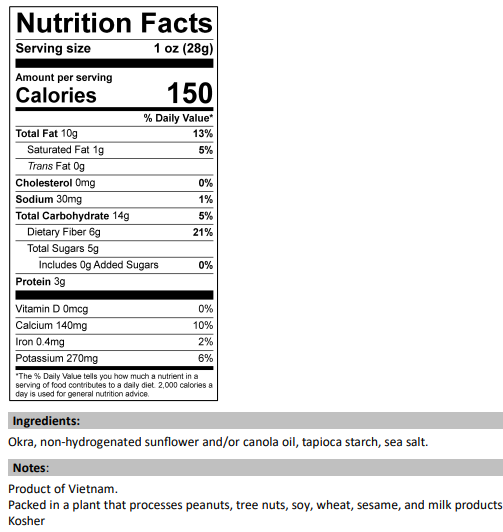 Okra Chips nutrition facts