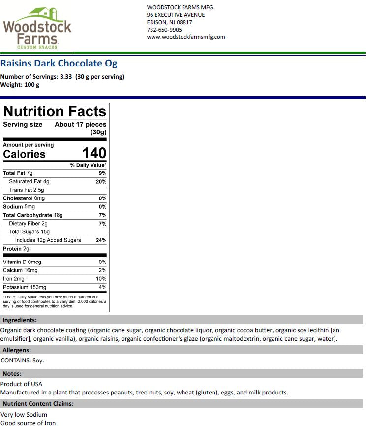 Organic Dark Chocolate Raisins Nutritional Facts | Woodstock Farms
