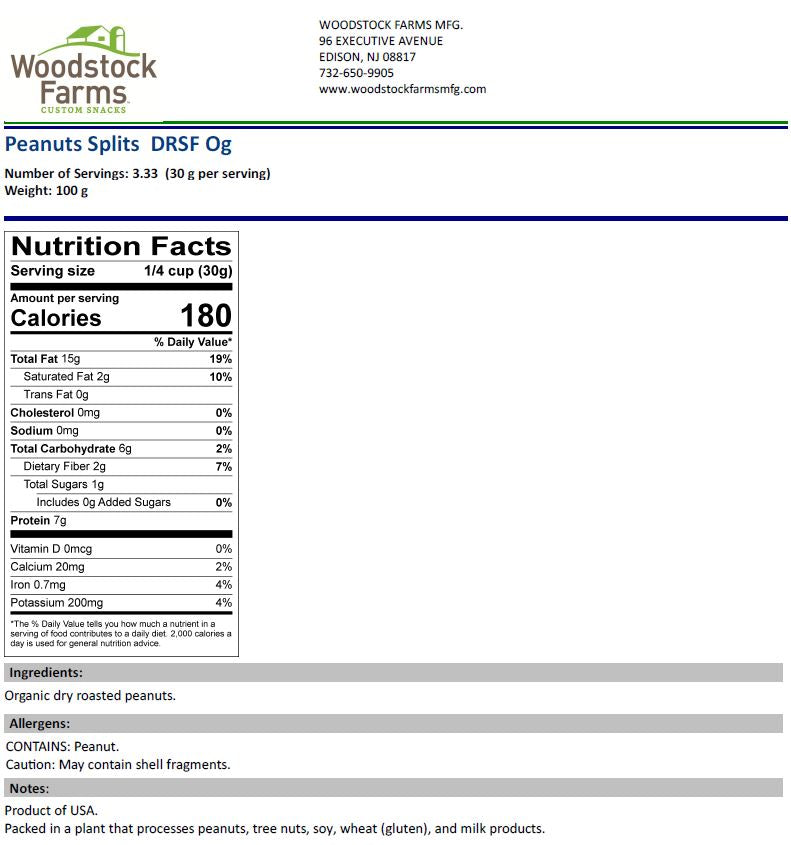 Organic Peanut Splits Dry Roasted & Salt-Free Nutritional Facts | Woodstock Farms